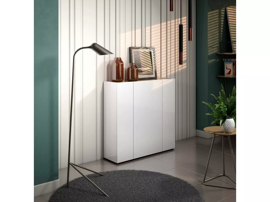 Meuble à chaussures Mbizana, Meuble à chaussures, Armoire d'entrée polyvalente, Rangement pour chaussures, Made in Italy, 116x35h115 cm, Blanc brillant et chêne