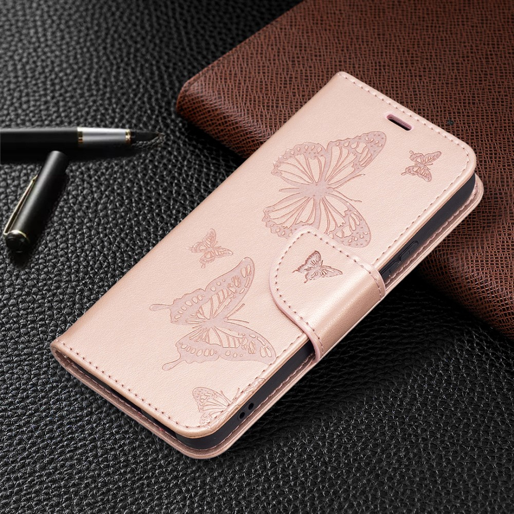 Samsung Galaxy S22 5G Leder Tasche mit Kartenfach   Handschlaufe Schmetterling - Roségold