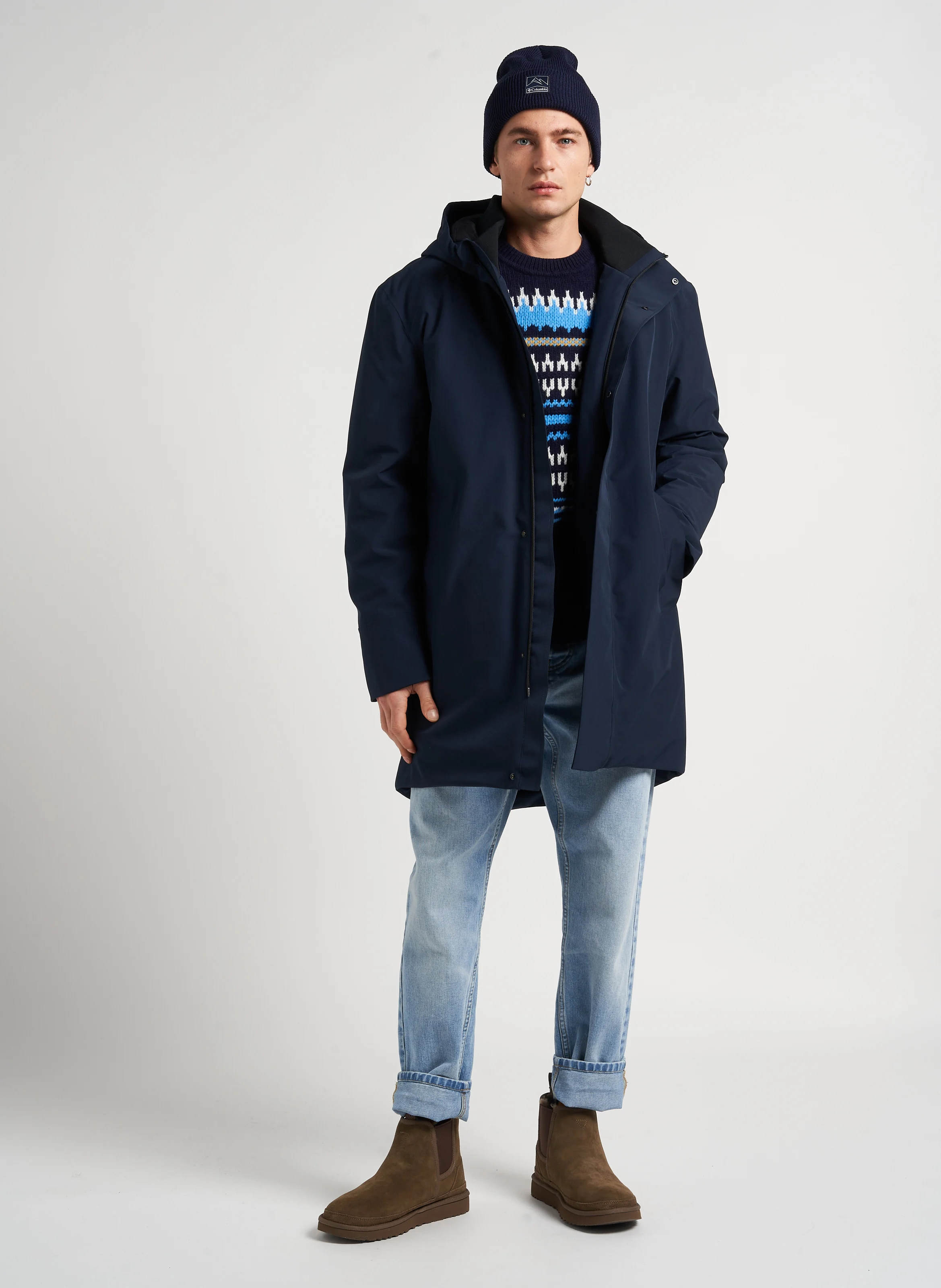 Pull col rond imprimé en laine| Bleu