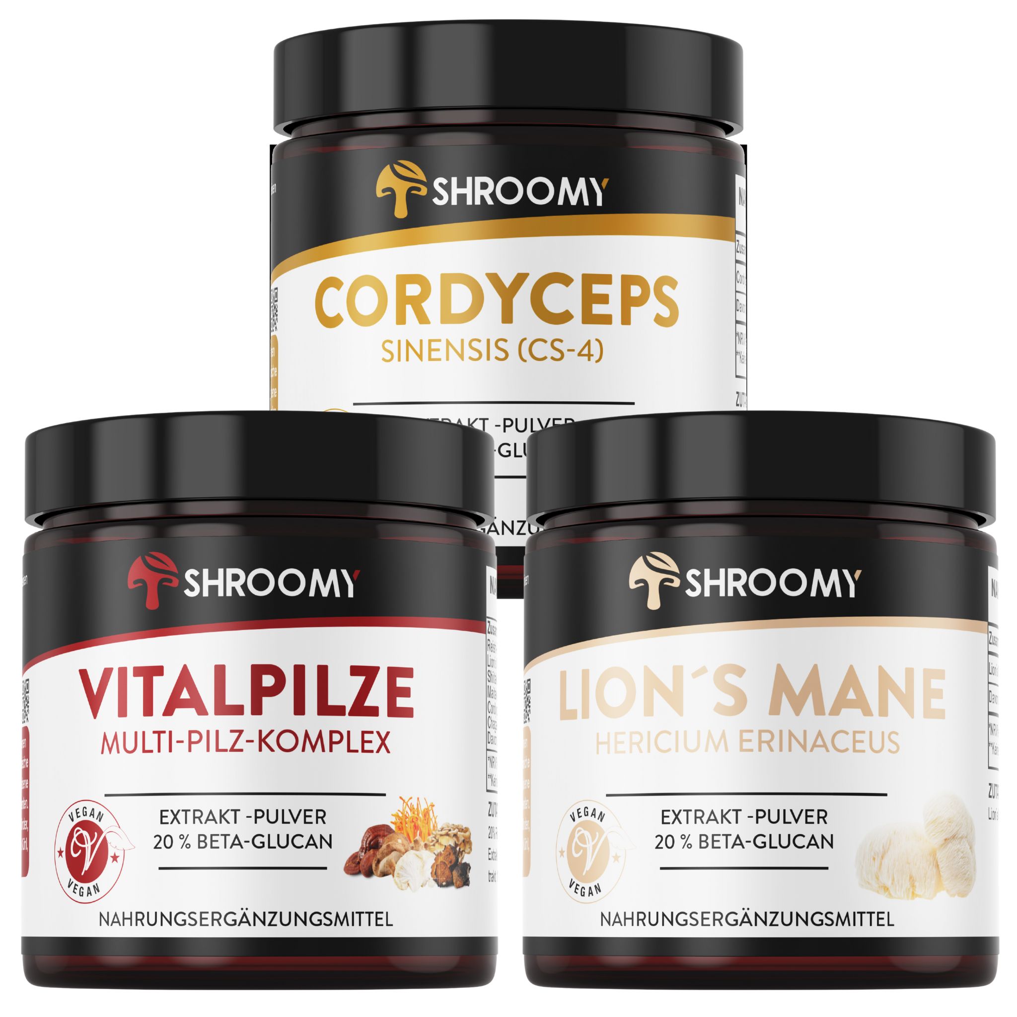 SHROOMY Lions Mane, Cordyceps und Vitalpilze Extrakt Pulver im Set