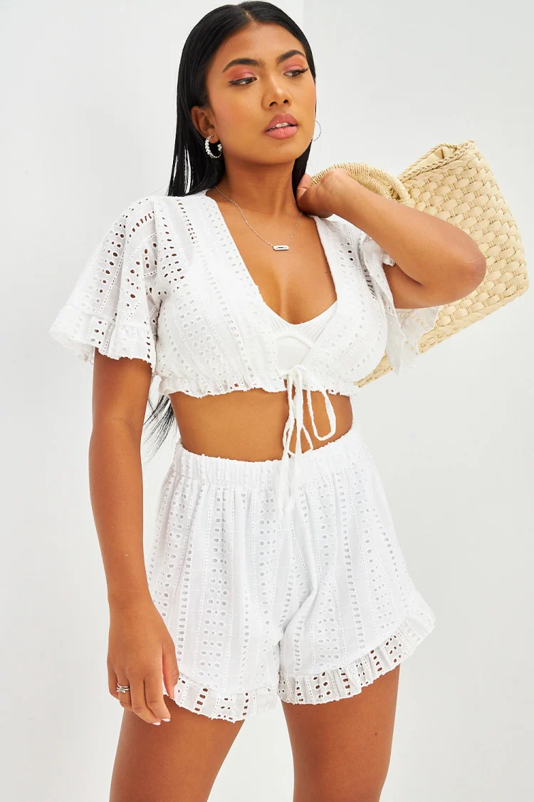 Ensemble top décolleté + short dentelle blanc