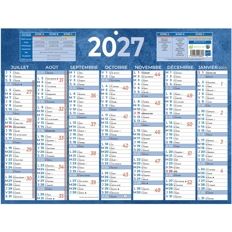 Calendrier semestriel mural 2027 - 32 x 42 cm - 7 mois