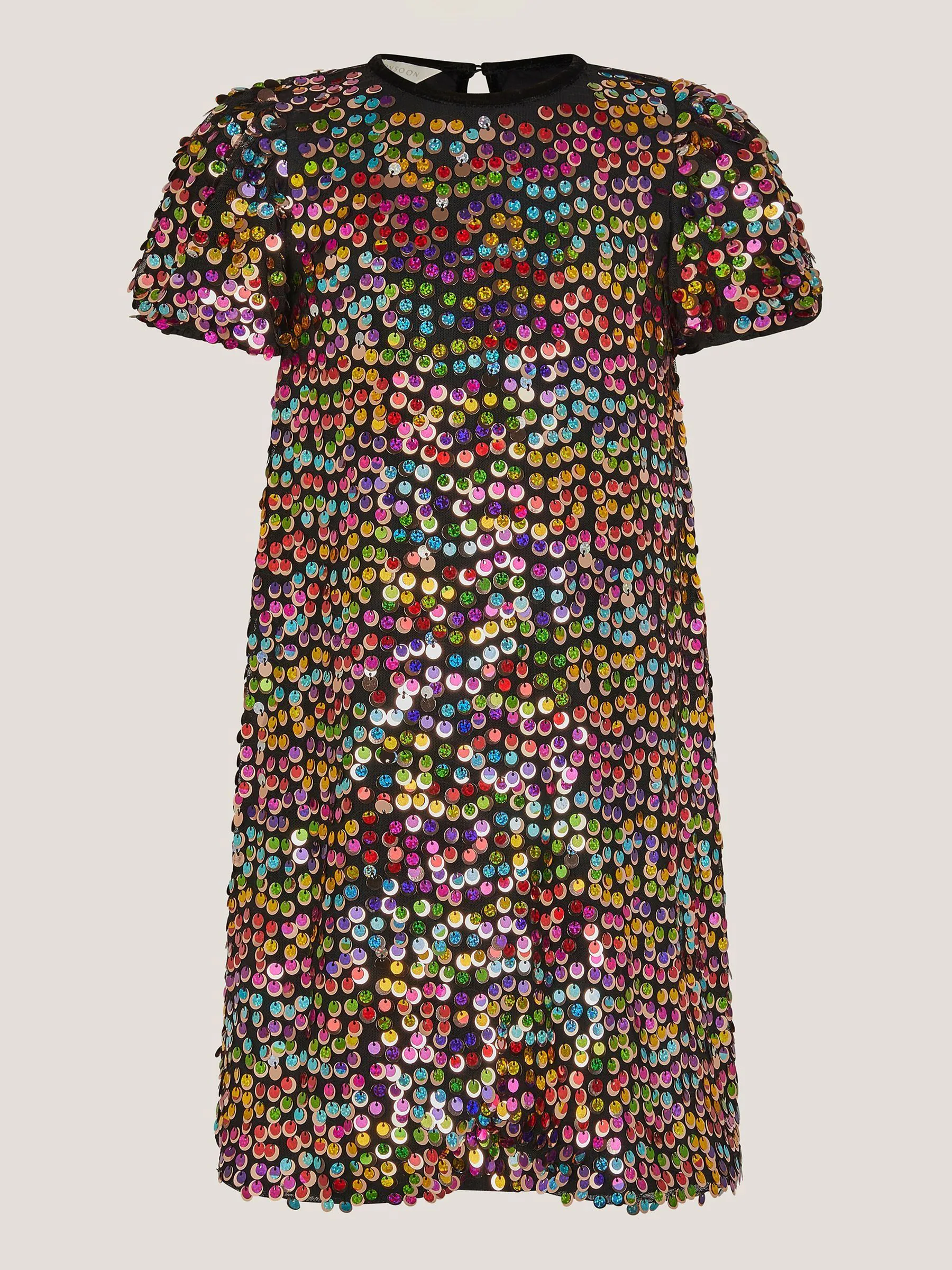 Monsoon Rainbow Sequin Puff Sleeve Dress