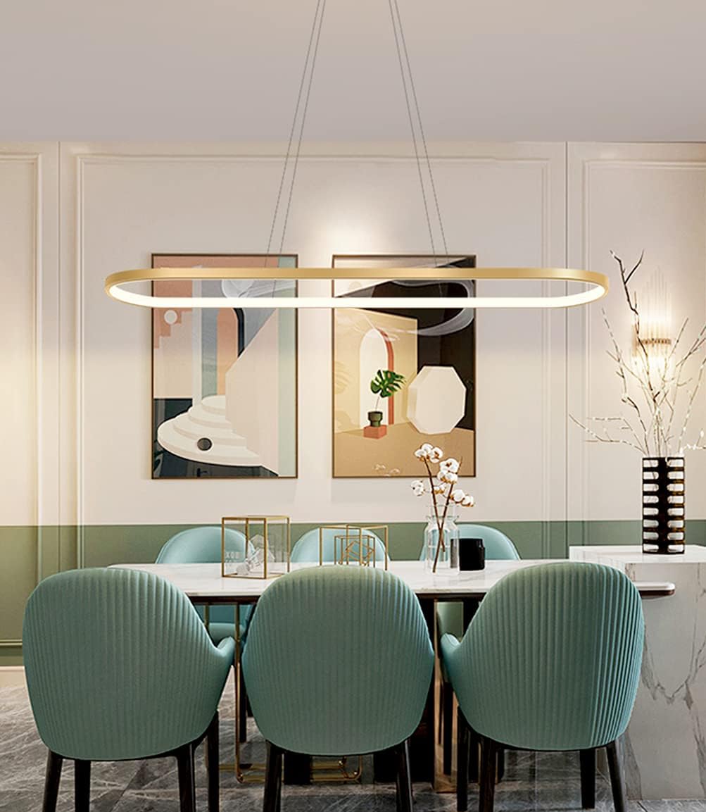 Pendelleuchte Oval Esstisch Büro Lampen, LED Hängeleuchte Dimmbar Deckenleuchte mit Fernbedienung, Modern Ring Design Kronleuchter für Esszimmer Küchenlampe Blendfrei (L90cm, Gold)