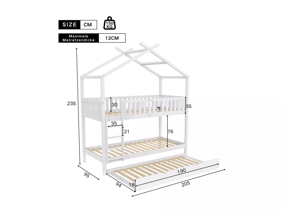 Lit superposé 90x200 cm avec un lit gigogne - en bois de pin massif - Blanc