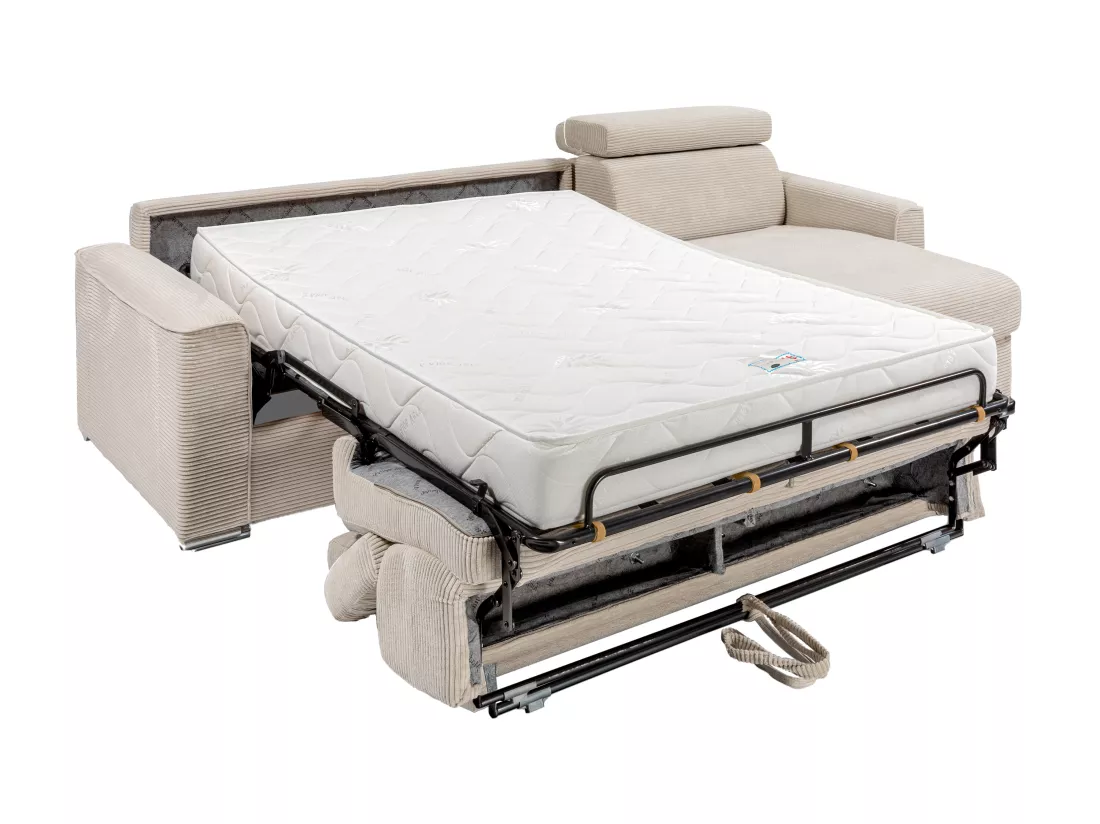 Canapé d'angle réversible convertible express en velours côtelé beige - Couchage à lattes larges 160 cm - Matelas 18 cm - VIZIR