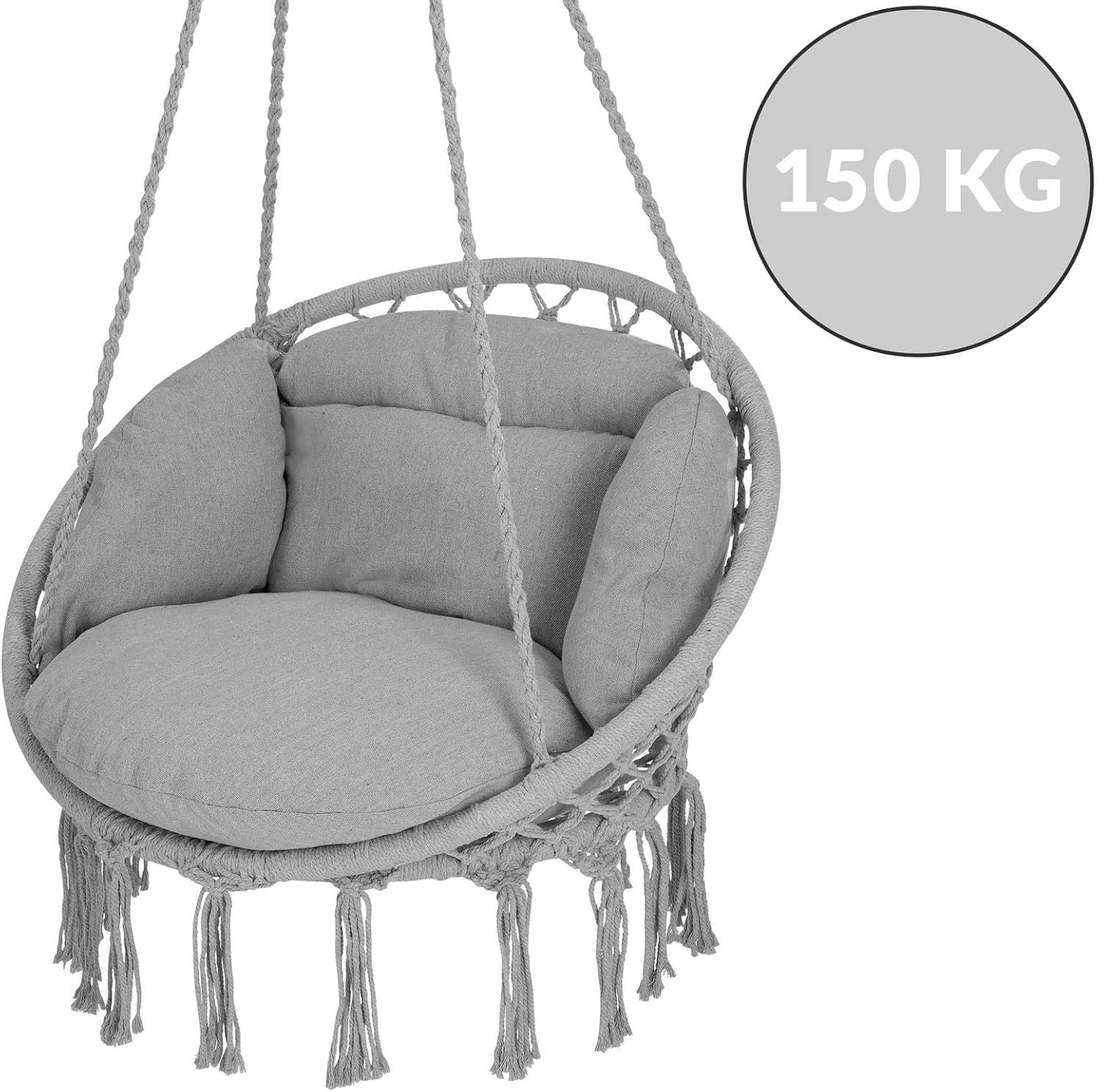 DETEX® Hängesessel bis 150kg Belastbar Boho Stil Wetterfest GS-Zertifiziert Garten 360° Drehbar Grau Hängestuhl Indoor & Outdoor inkl. bequemer Kissen