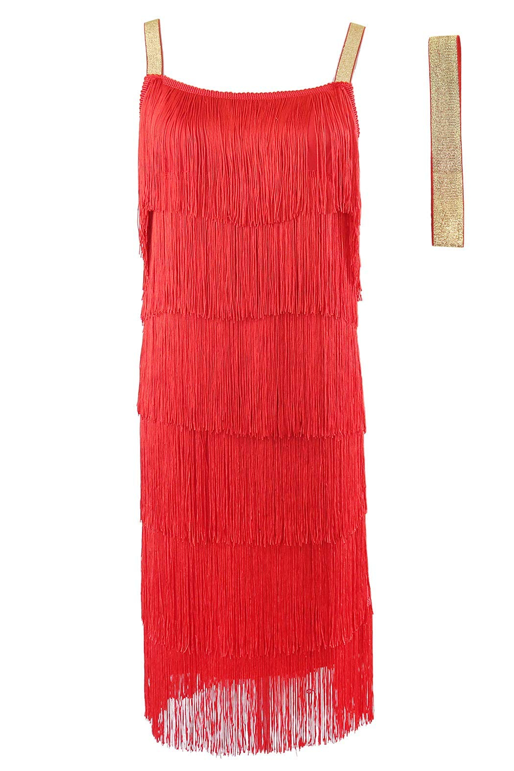 (Gr. L) Fasnachts Erwachsenen Kostüm Flapper Kleid mit Fransen 20er Jahre Verkleidung für Motto Partys / Halloween inkl. Haarband - Rot