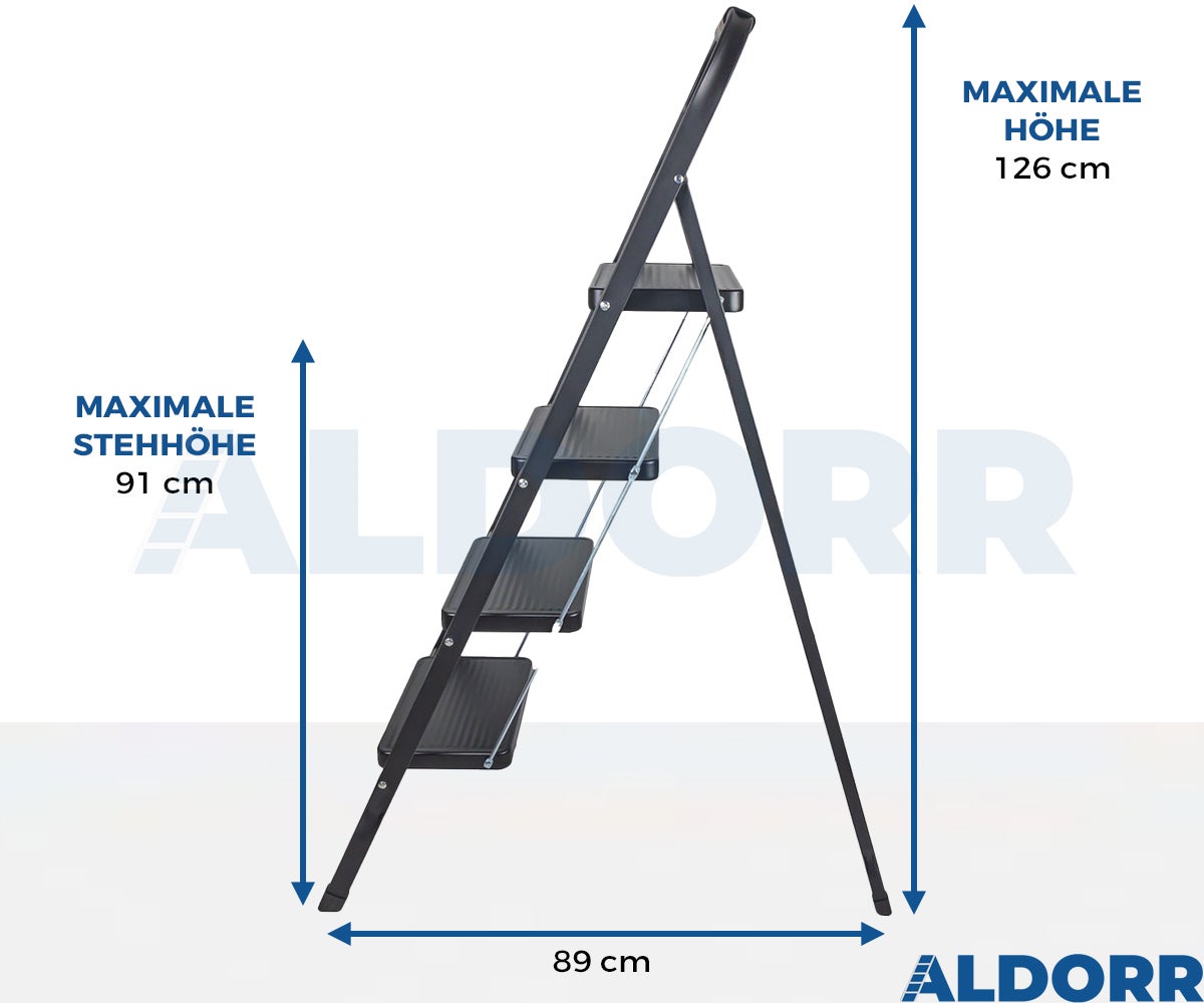 ALDORR Home - Opvouwbare trapladder 4 treden Huishoudladder Opvouwbare ladder van hoogwaardig aluminium - Zwart