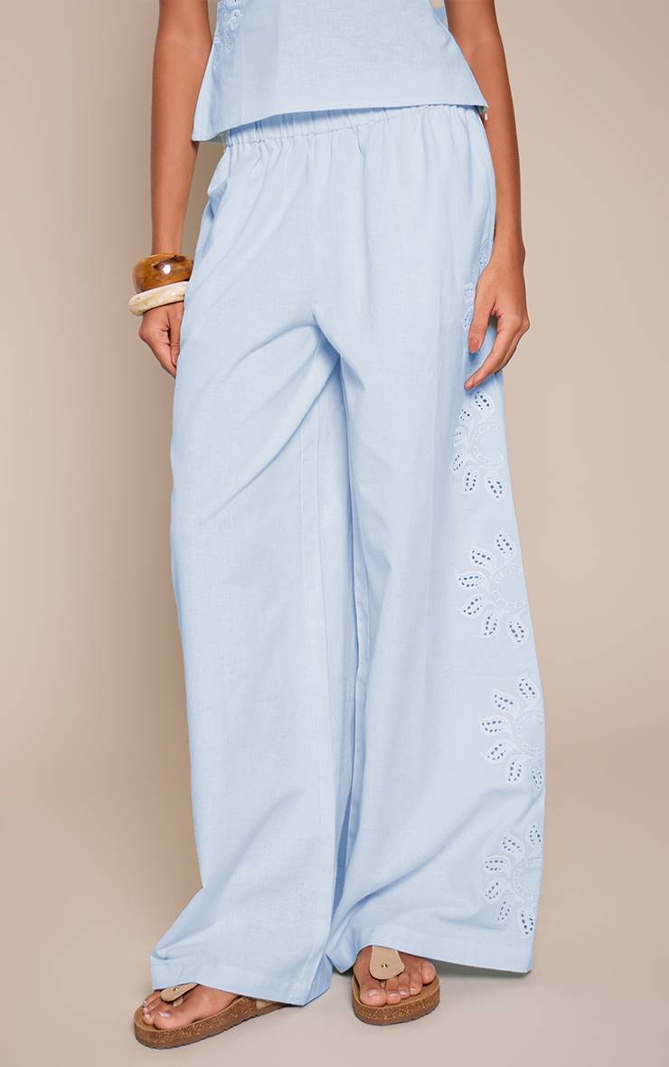 Bleu Pantalon Co-ord En Coton Avec Détail Broderie Soleil