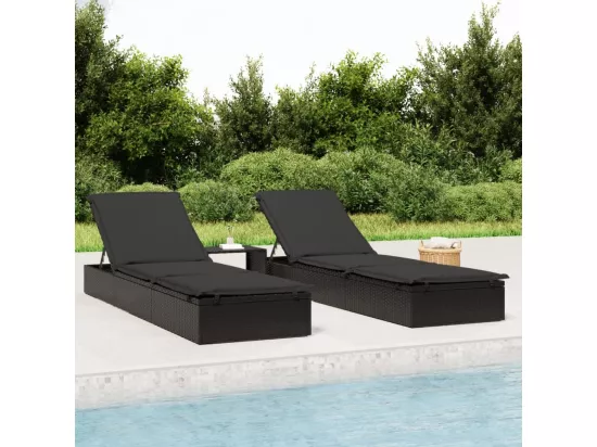 Transats 2 pcs avec table noir résine tressée