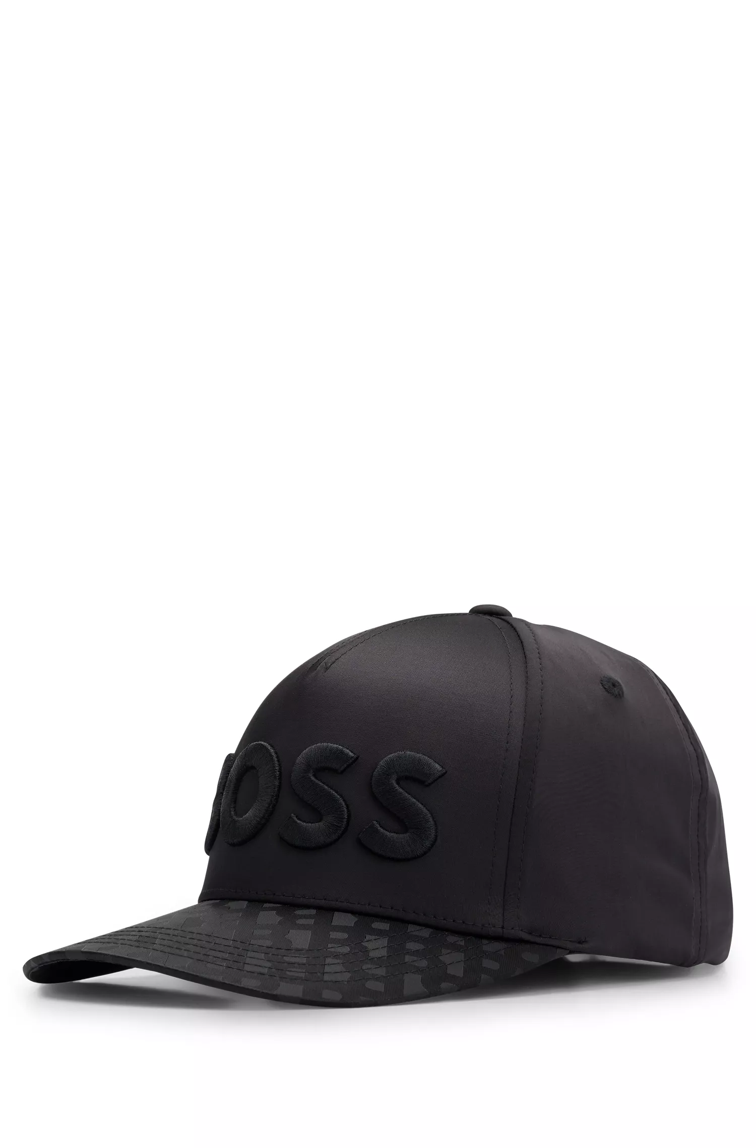 Boné BOSS preto com logotipo bordado em cetim e monograma em jacquard.