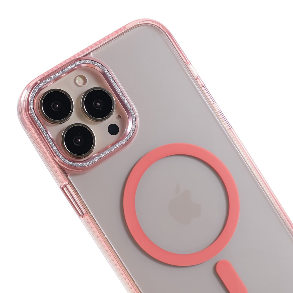 iPhone 14 Pro Max MagSafe Gummi Case Hülle mit Glitzer Aluminium Kameraschutz - Rosa / Transparent