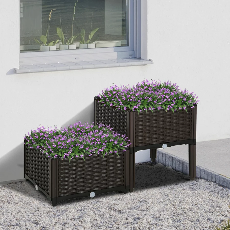Outsunny 2-teiliges Hochbeet in Rattan-Optik dunkelbraun