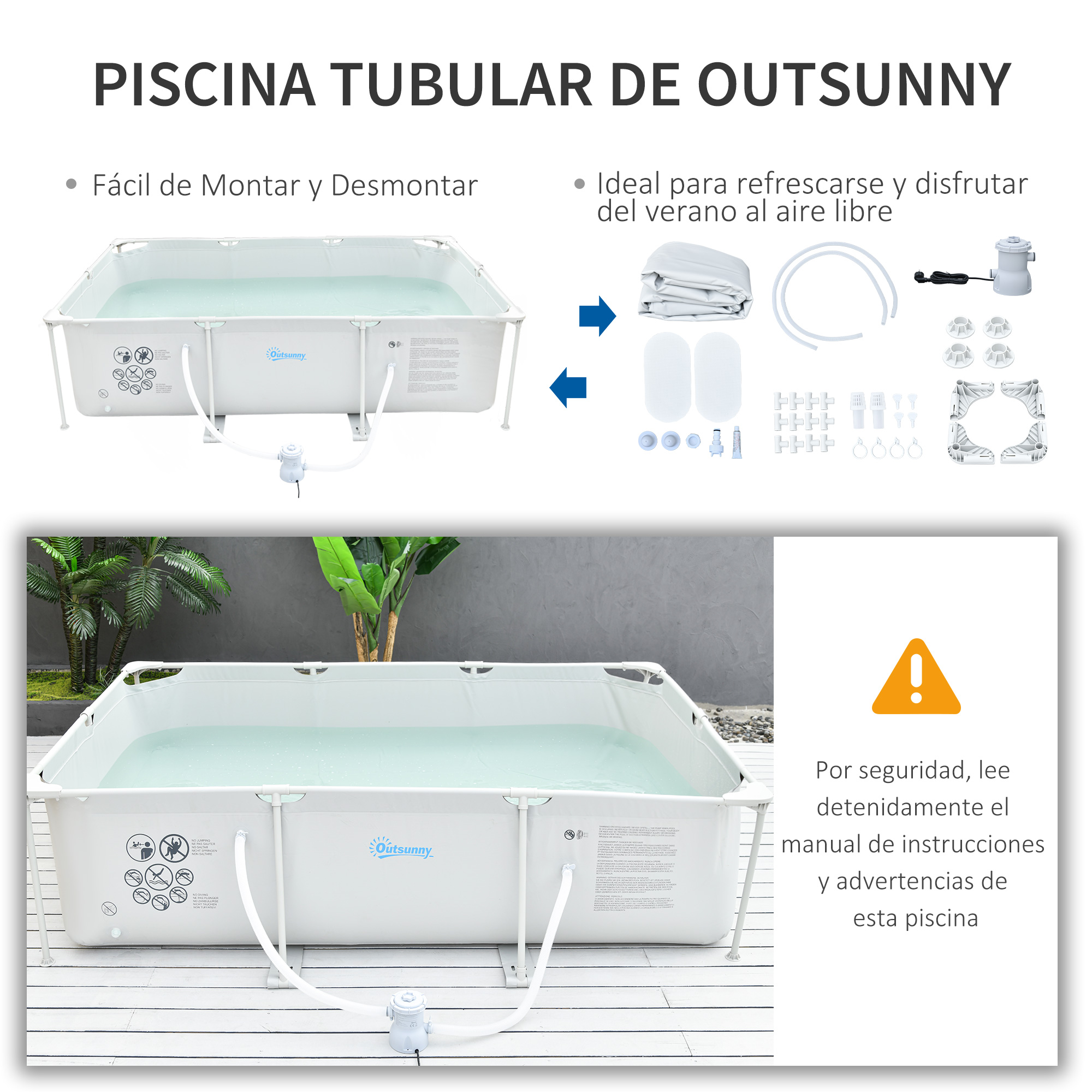 Piscina tubular Outsunny de 292x190x75 cm com bomba de filtro de cartucho de 1200L/H, piscina retangular para exterior para adultos e crianças, capacidade de 3600L, cinza.