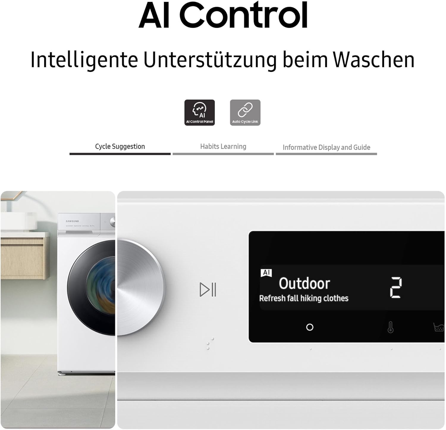 Samsung Waschmaschine, 8 kg, 1400 U/min, Ecobubble, Automatische Waschmittel- und Weichspülerdosierung, Weiß/Schwarz, WW8ET534AATAS2