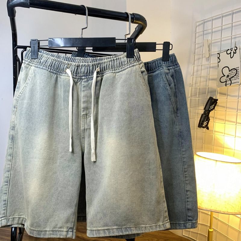 Kimeya - Gewassen denim shorts met wijde pijpen en trekkoord in de taille