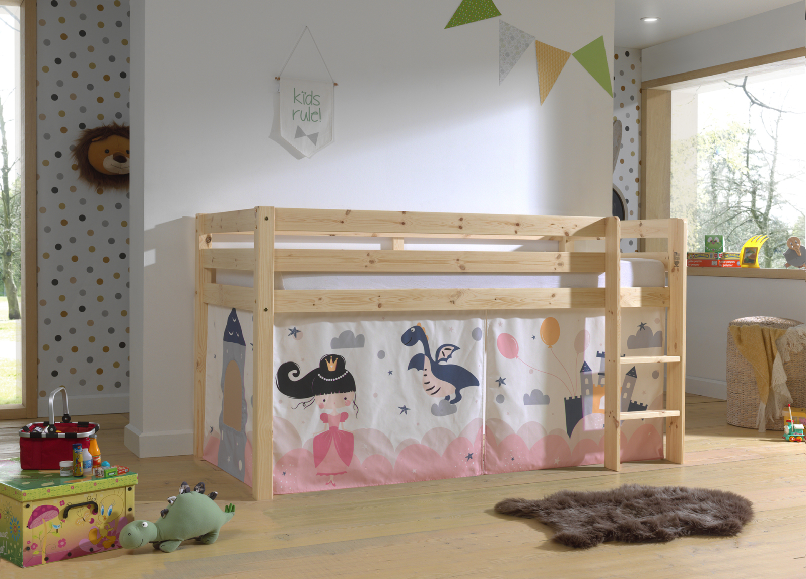 Hochbett PINO - Princess Sophie - Kiefer natur lackiert - 90x200 cm