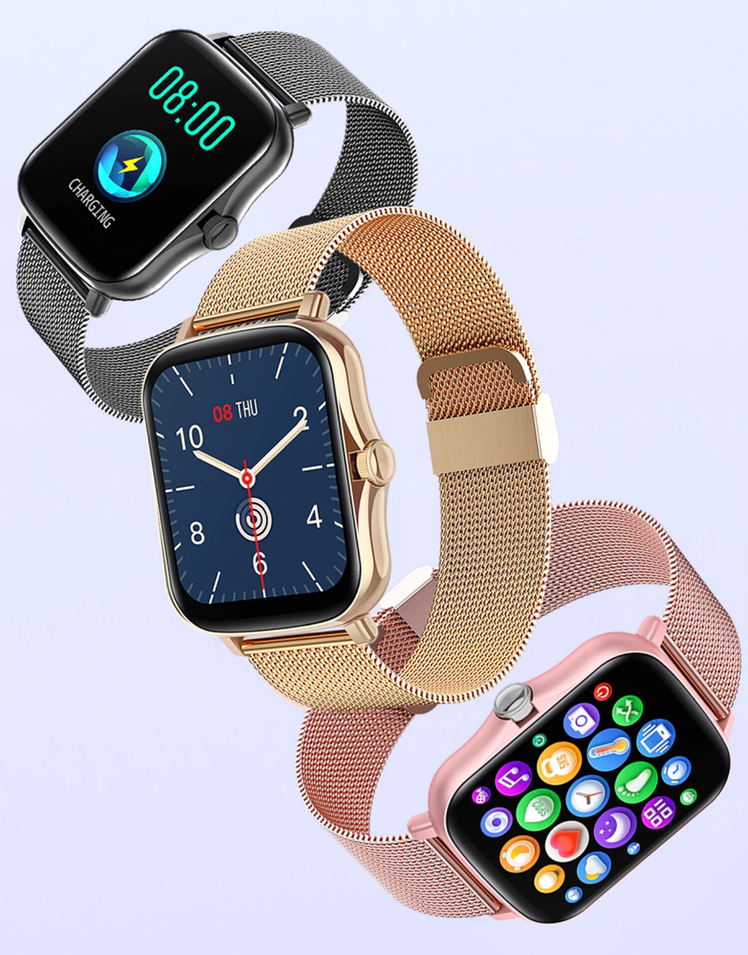 TPFNet Smart Watch / Fitness Tracker IP67 - Milanaise Armband + Silikon Armband - Android & IOS - Silber