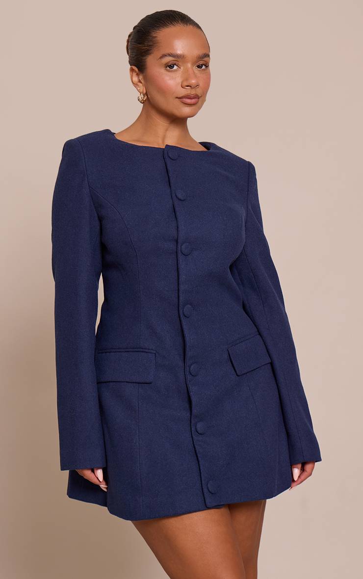 Bleu Marine Robe Blazer Cintrée Aspect Laine Boutonnée Devant