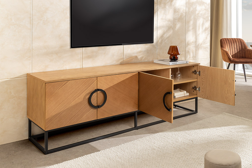 Industrial Lowboard GRANDEZZA 180cm natur Eiche schwarz Metall TV-Board