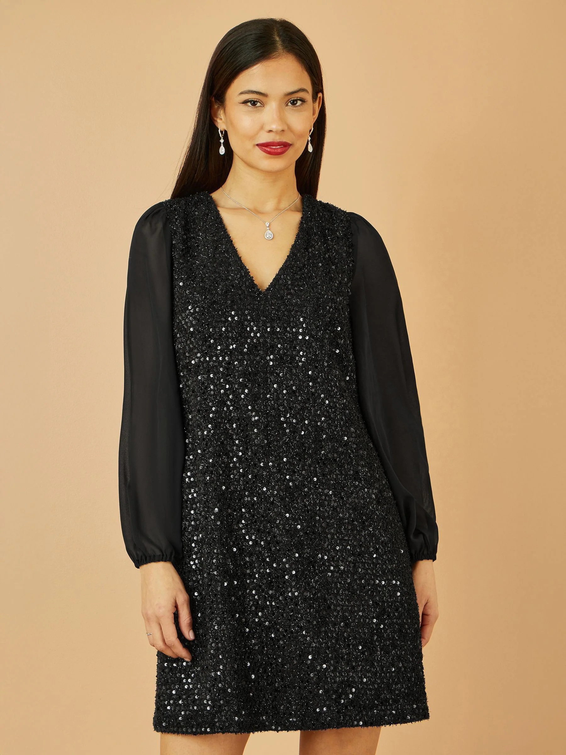 Zwart - Yumi Sequin Tunic With Tie Back And Sheer Sleeves