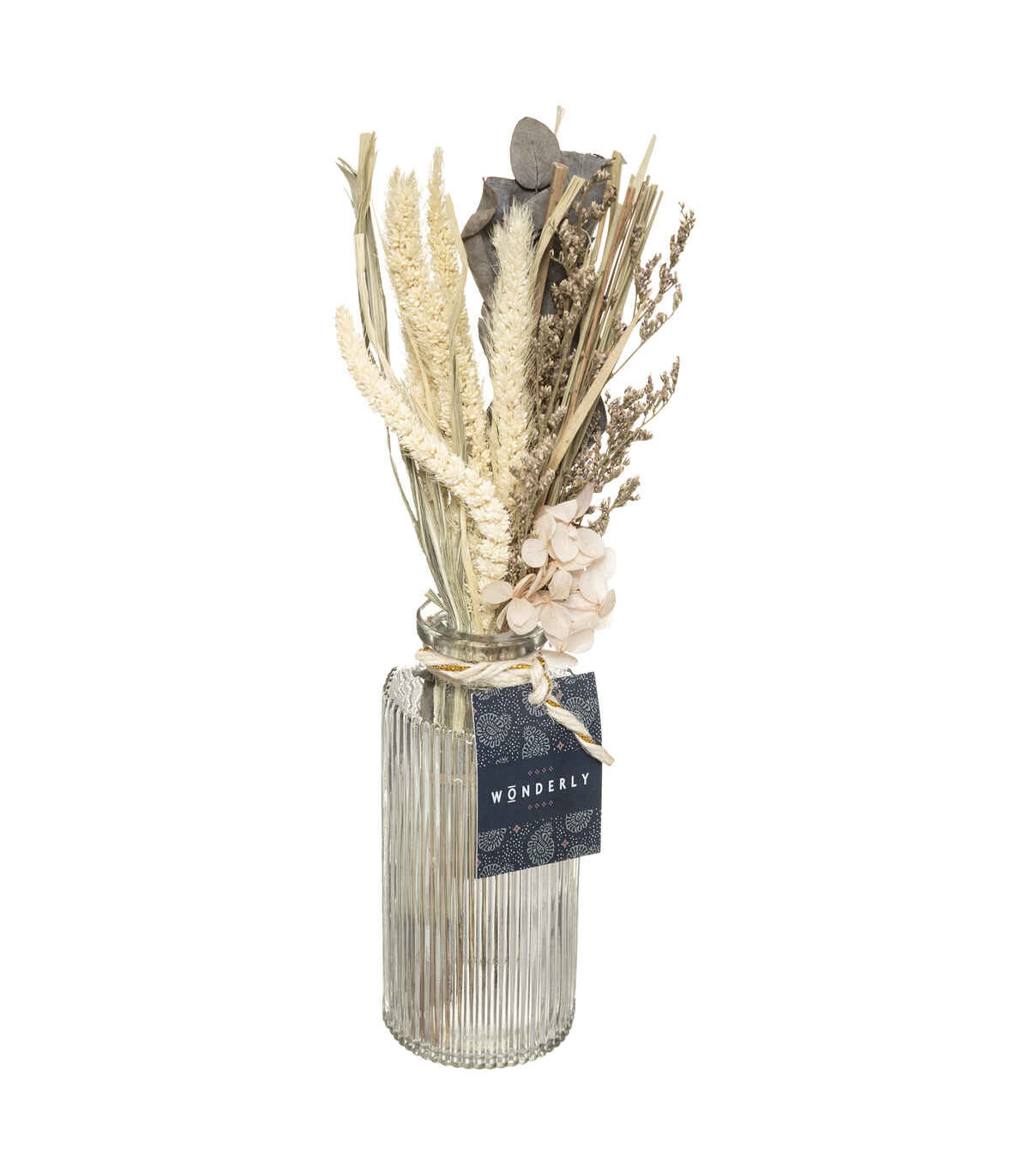 Composition de fleurs séchées vase en verre h 28 cm