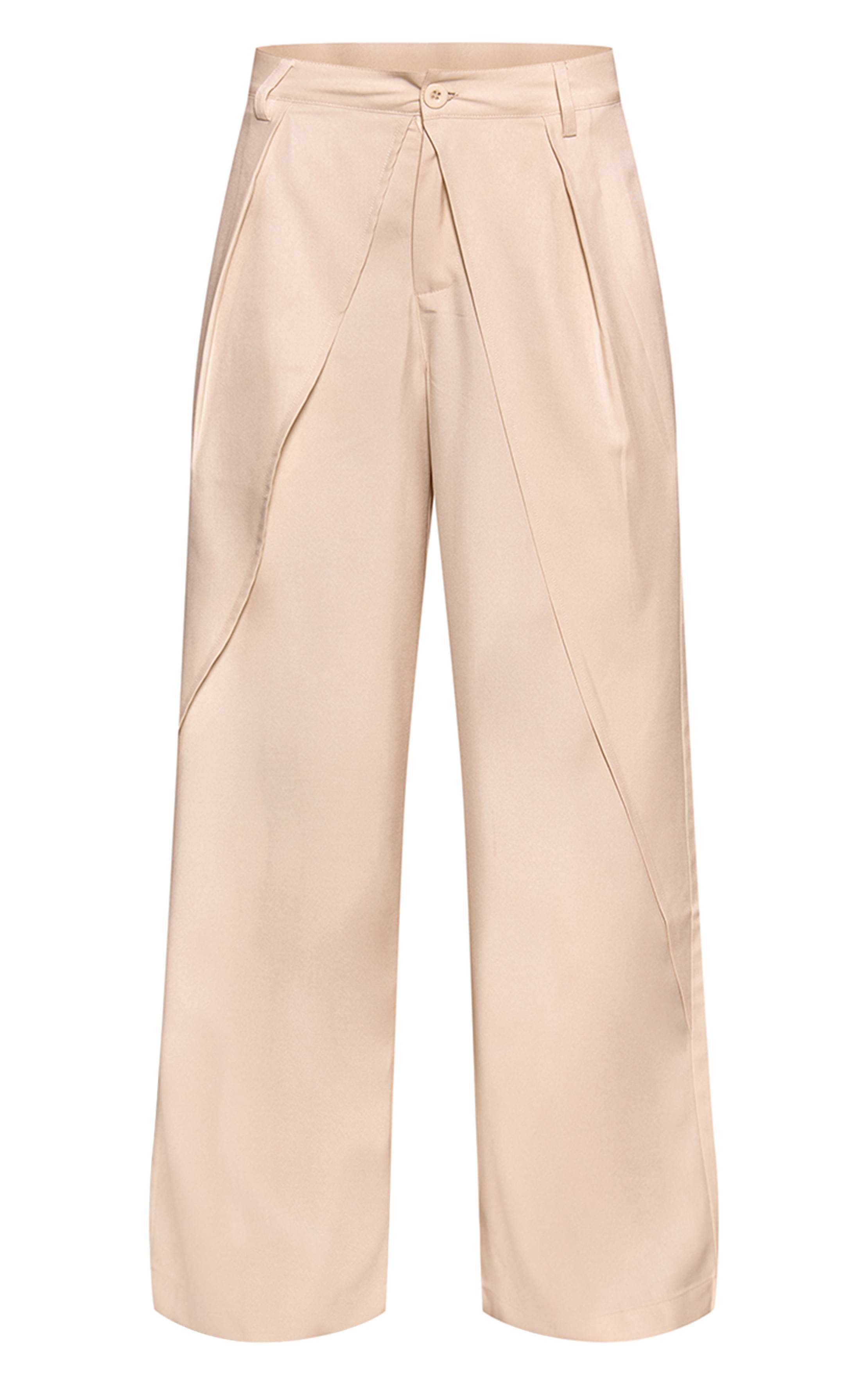 Crème Pantalon Large À Jambes Évasées Avec Panneau Drapé Et Plis Tissés
