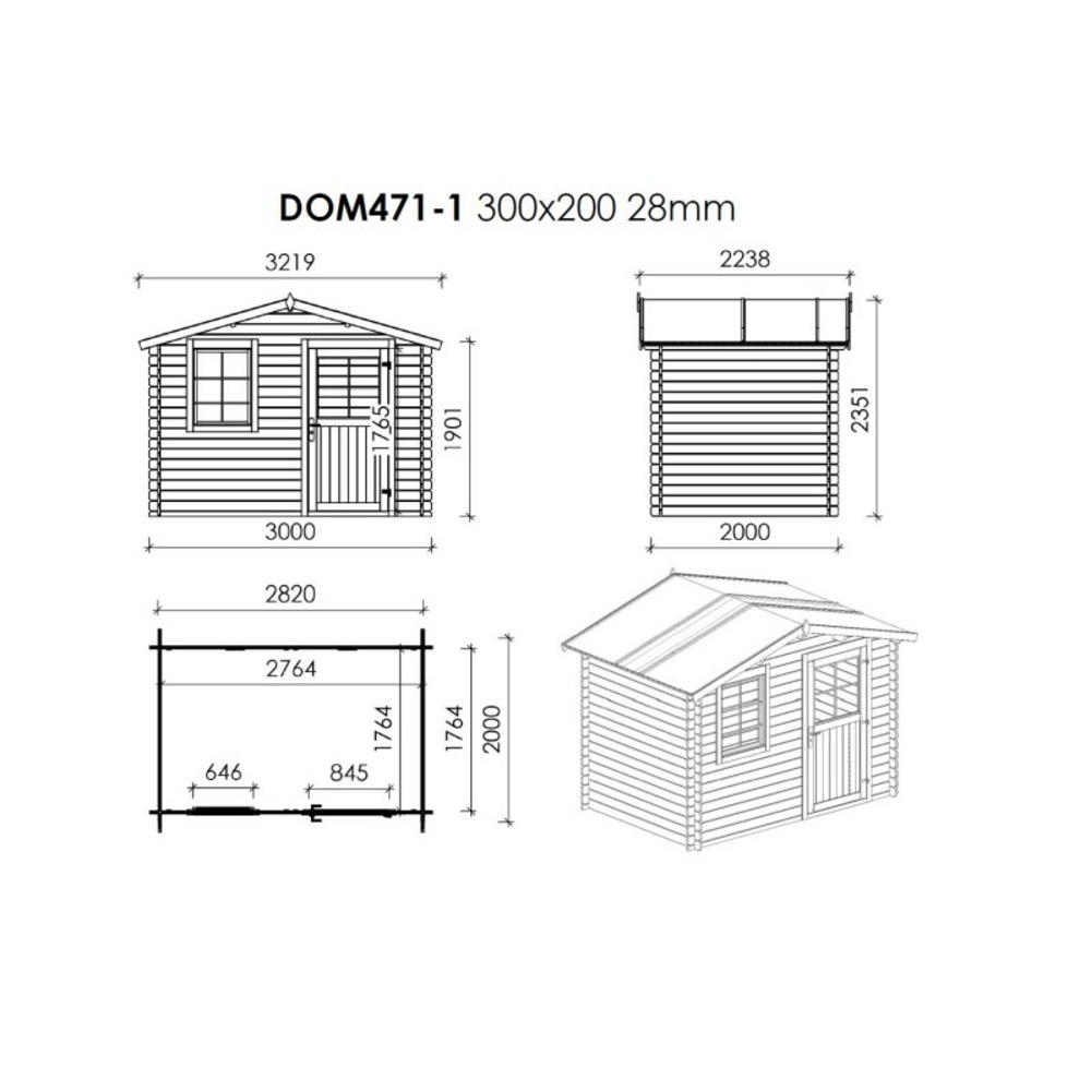 Abri de jardin en bois - 3x2 m - 12 m2 + terrasse avec balustrade et avant-toit en bois