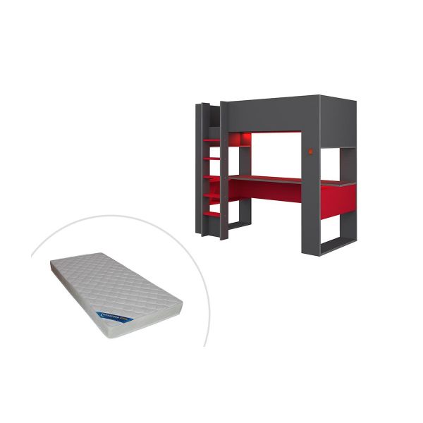 Vente Unique Cama Alta Gamer com Secretária e Espaços de Arrumação Integrados de 90x200 com Leds Antracite e Vermelho   Colchão Noah