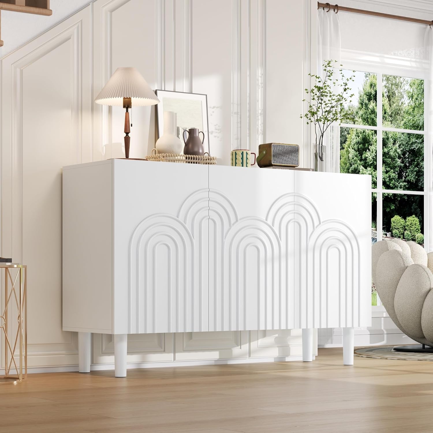 Sideboard Wohnzimmer mit 3 Türen, Buffetschrank mit Großem Stauraum und Verstellbarer Trennwandschrank, 120x38,5x79cm, Modern Wohnzimmerschrank für Schlafzimmer, Büros, Flur, Weiß