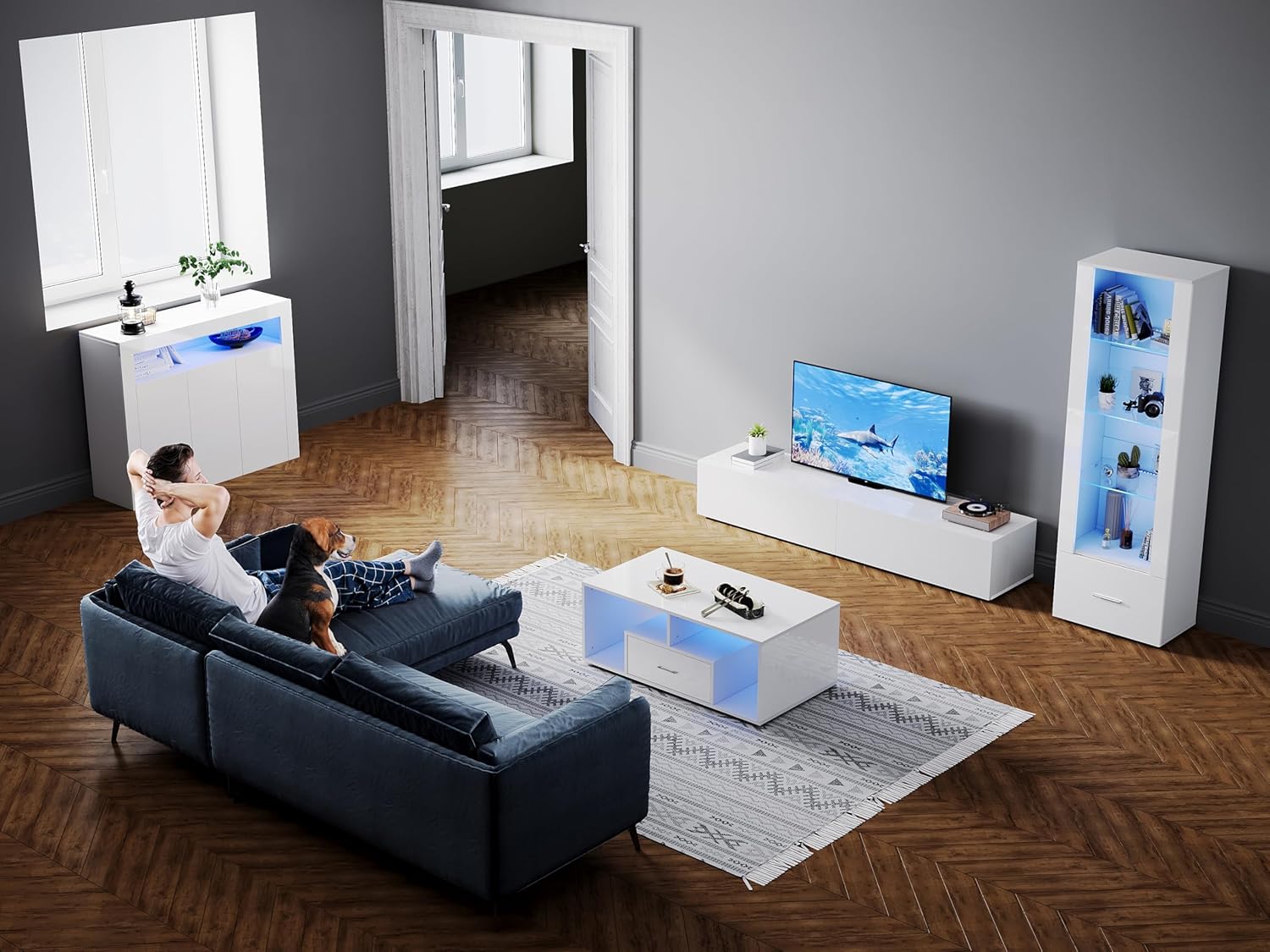 SONNI TV-Schrank Modern 160cm, Lowboard Hochglanz Weiß Hängend/Stehend, TV-Regal mit 2 Schublade, 2 Türen, Griffloses, Fernsehtisch für Fernseher bis 65 Zoll Wohnzimmer & Schlafzimmer, 160x40x30cm.