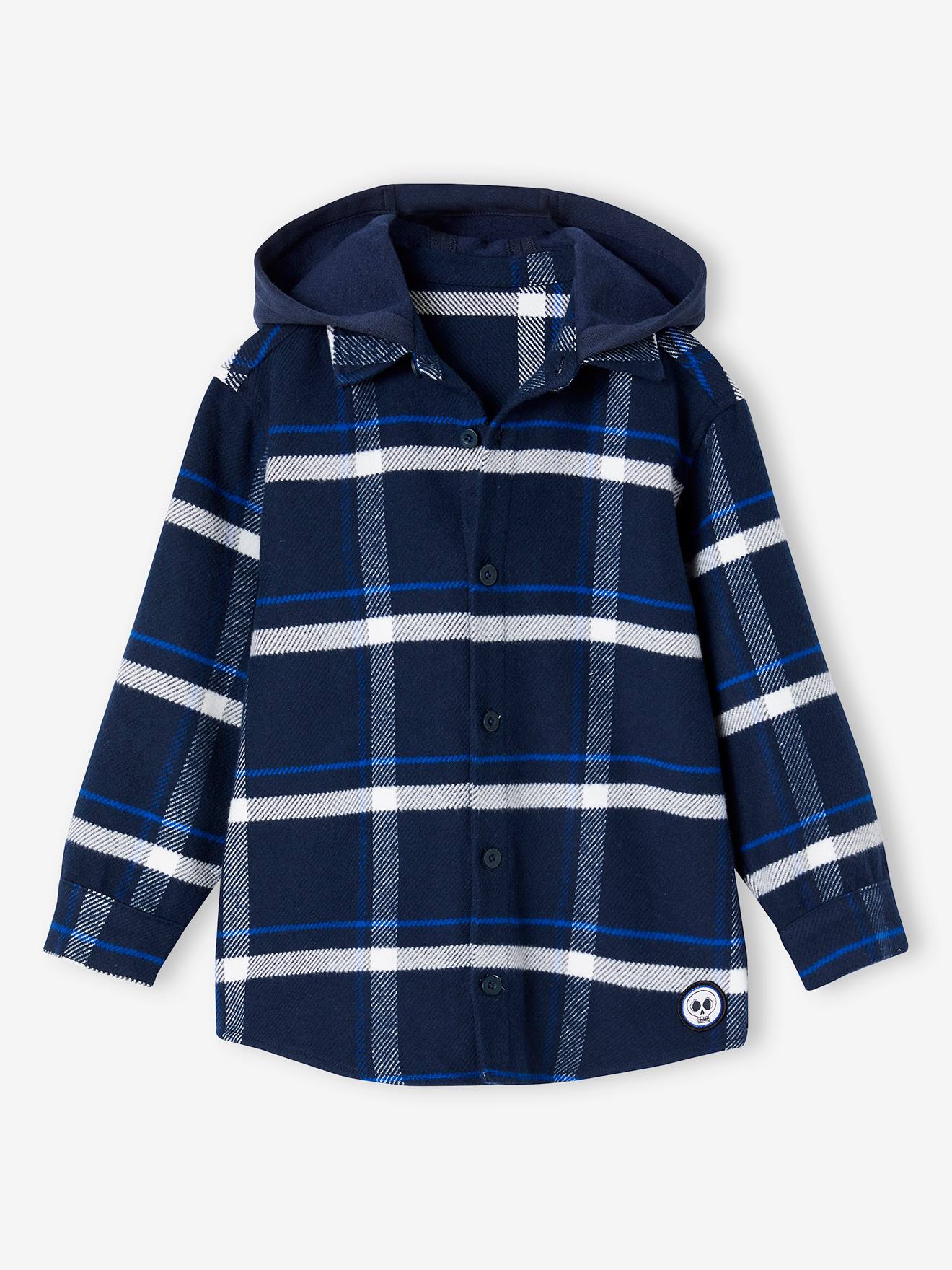Camisa de flanela azul marinho com capuz e estampa xadrez grande para meninos