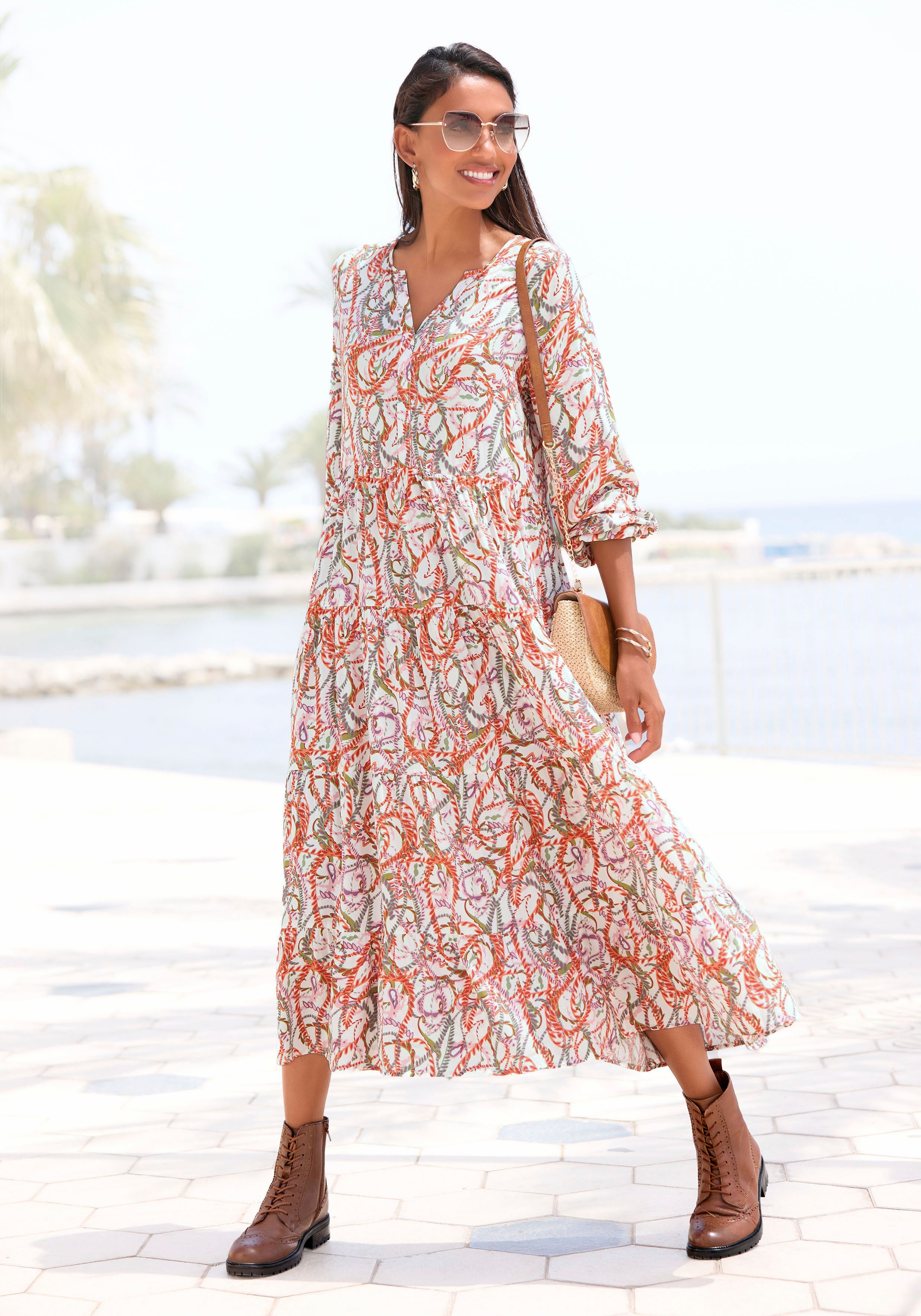LASCANA Maxikleid mit Alloverprint und Volants, langärmlig, Druckkleid, casual-chic
