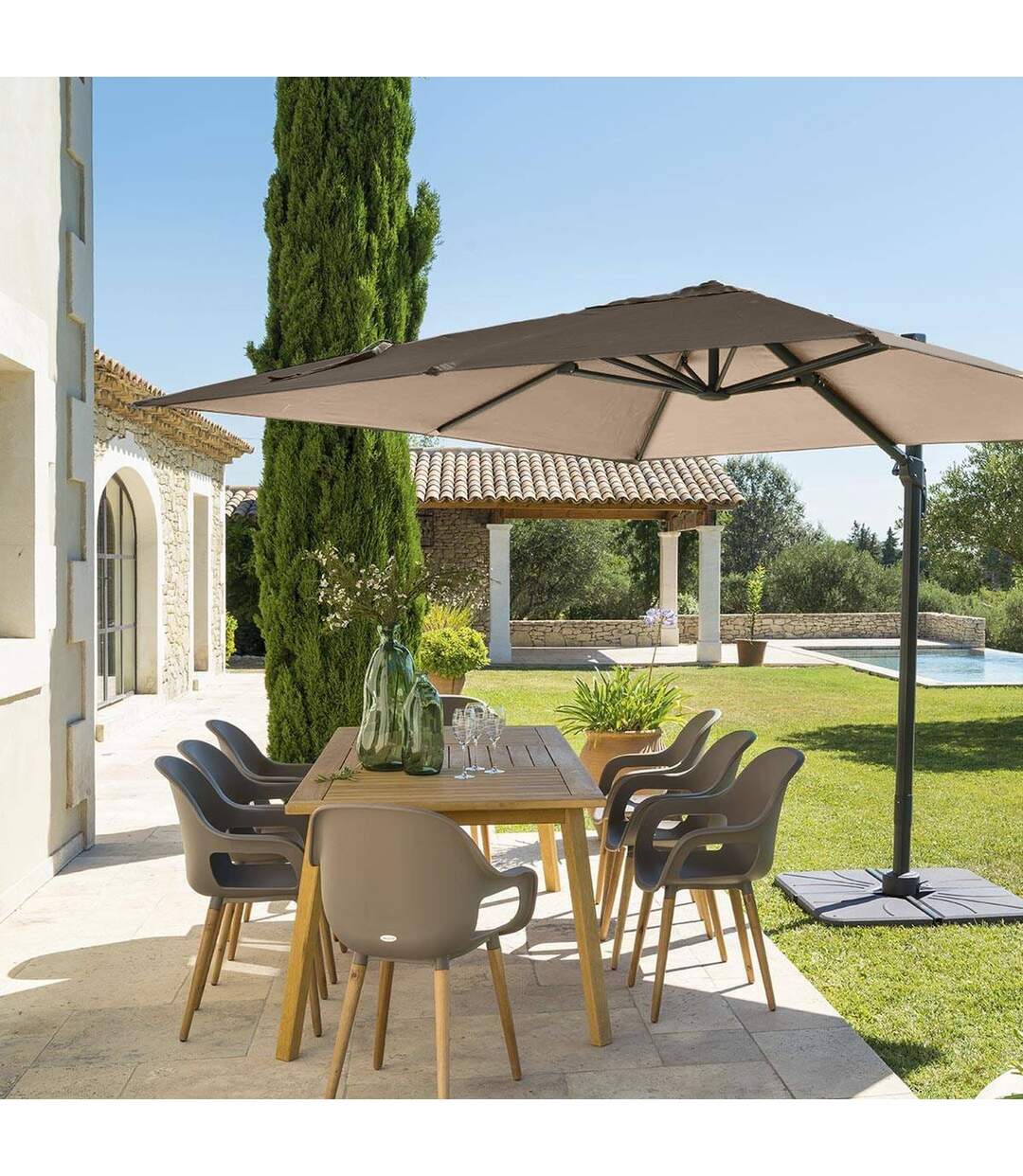 Parasol déporté carré Eléa - Inclinable - L. 300 x l. 300 cm - Marron noisette et tonka