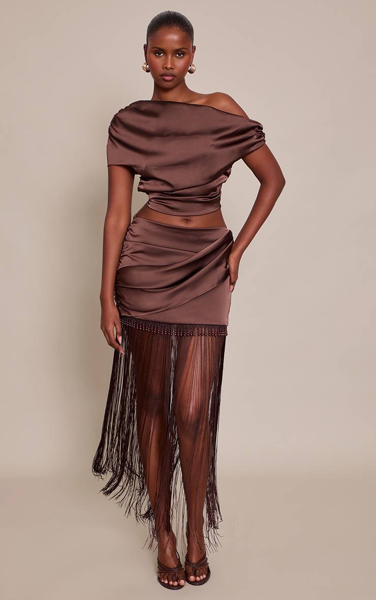 Chocolate Brown Ensemble Jupe Mini À Ourlet À Franges Perlées En Satin