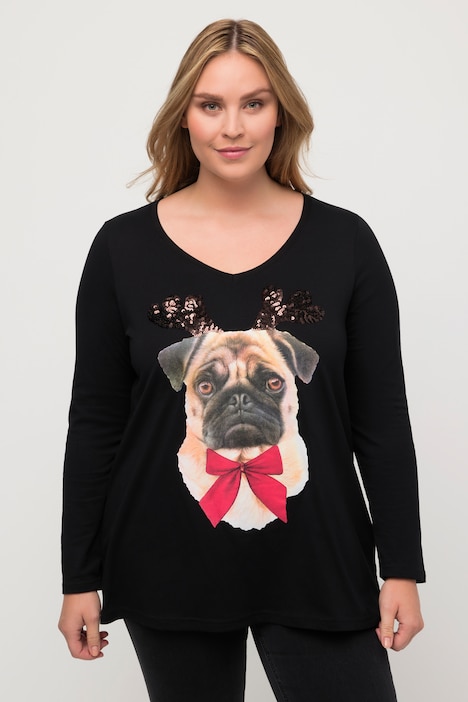 Shirt, Weihnachtshund, A-Linie, V-Ausschnitt, Langarm