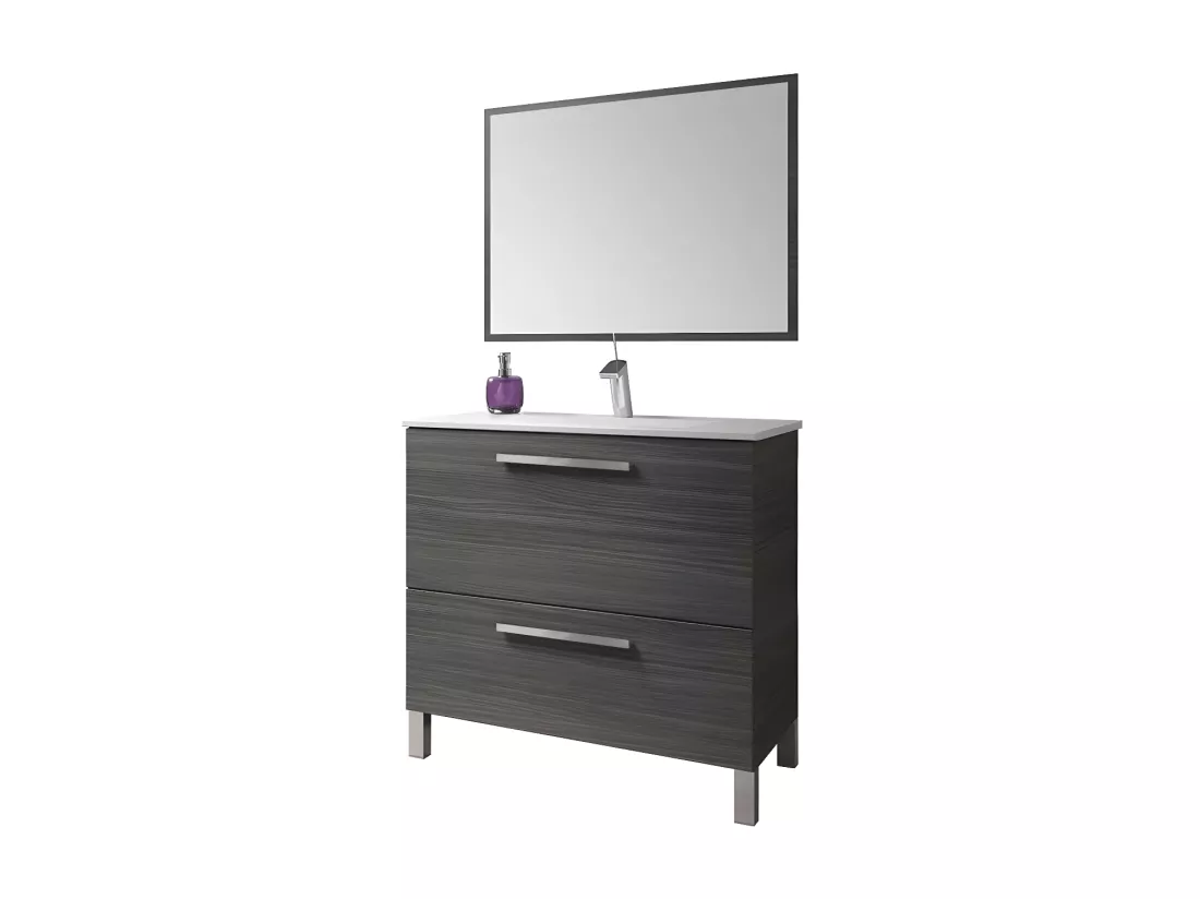 Meuble vasque 2 tiroirs 80 cm + vasque + miroir Gris Cendré - BANRU