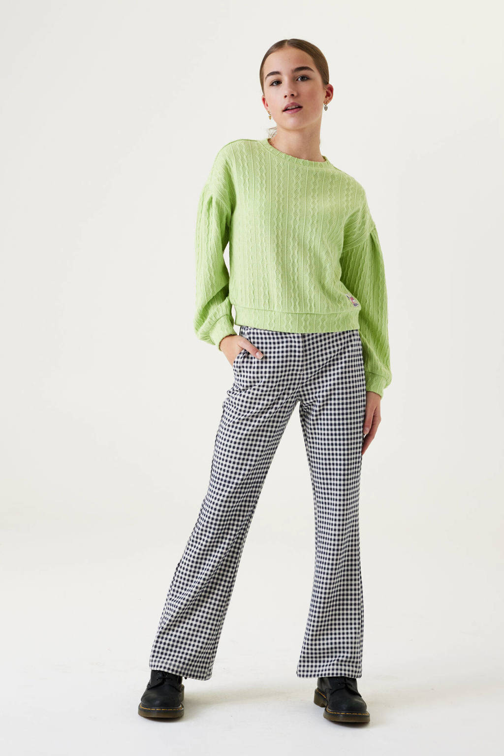 Garcia geruite high waist flared broek zwart/wit