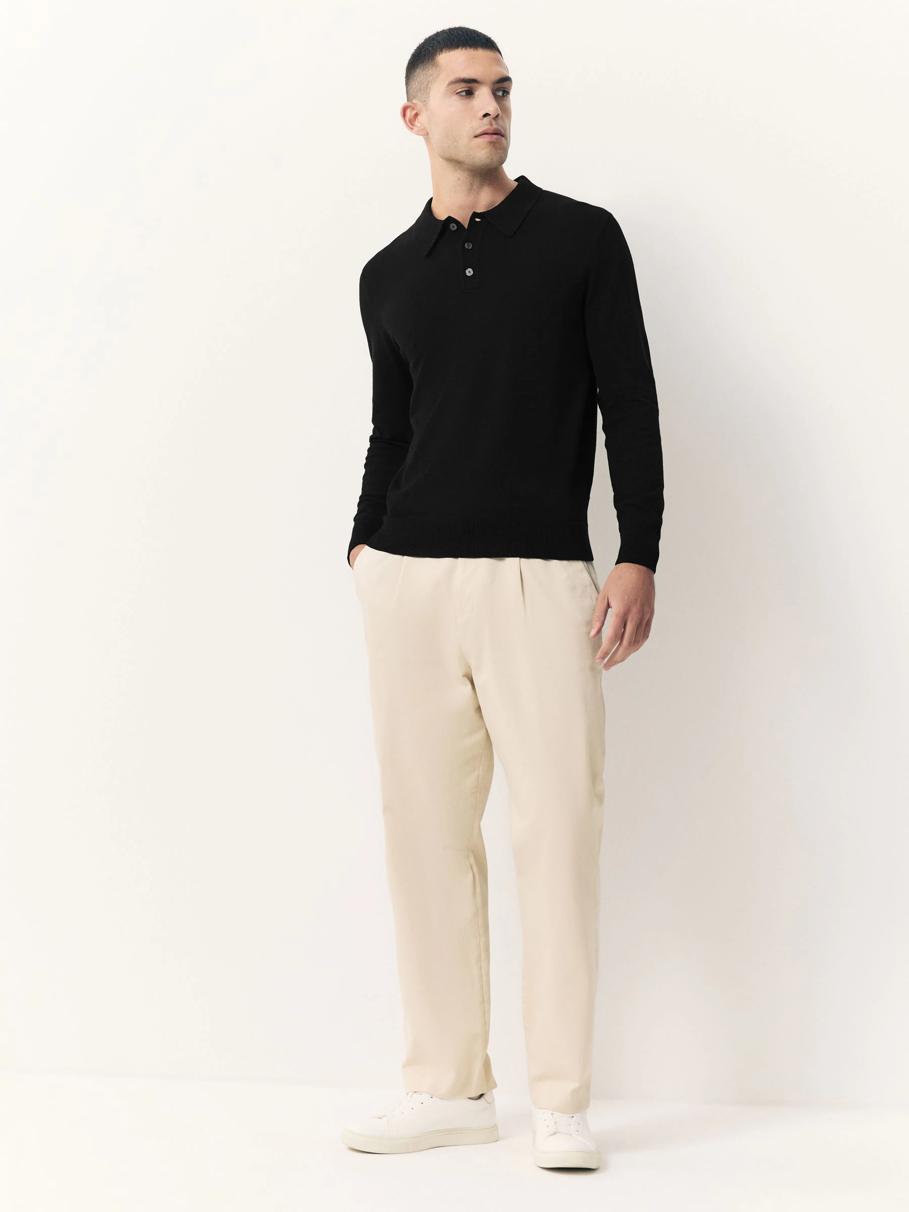 Zwart - Slim Fit - Katoenrijk gebreid poloshirt met lange mouwen