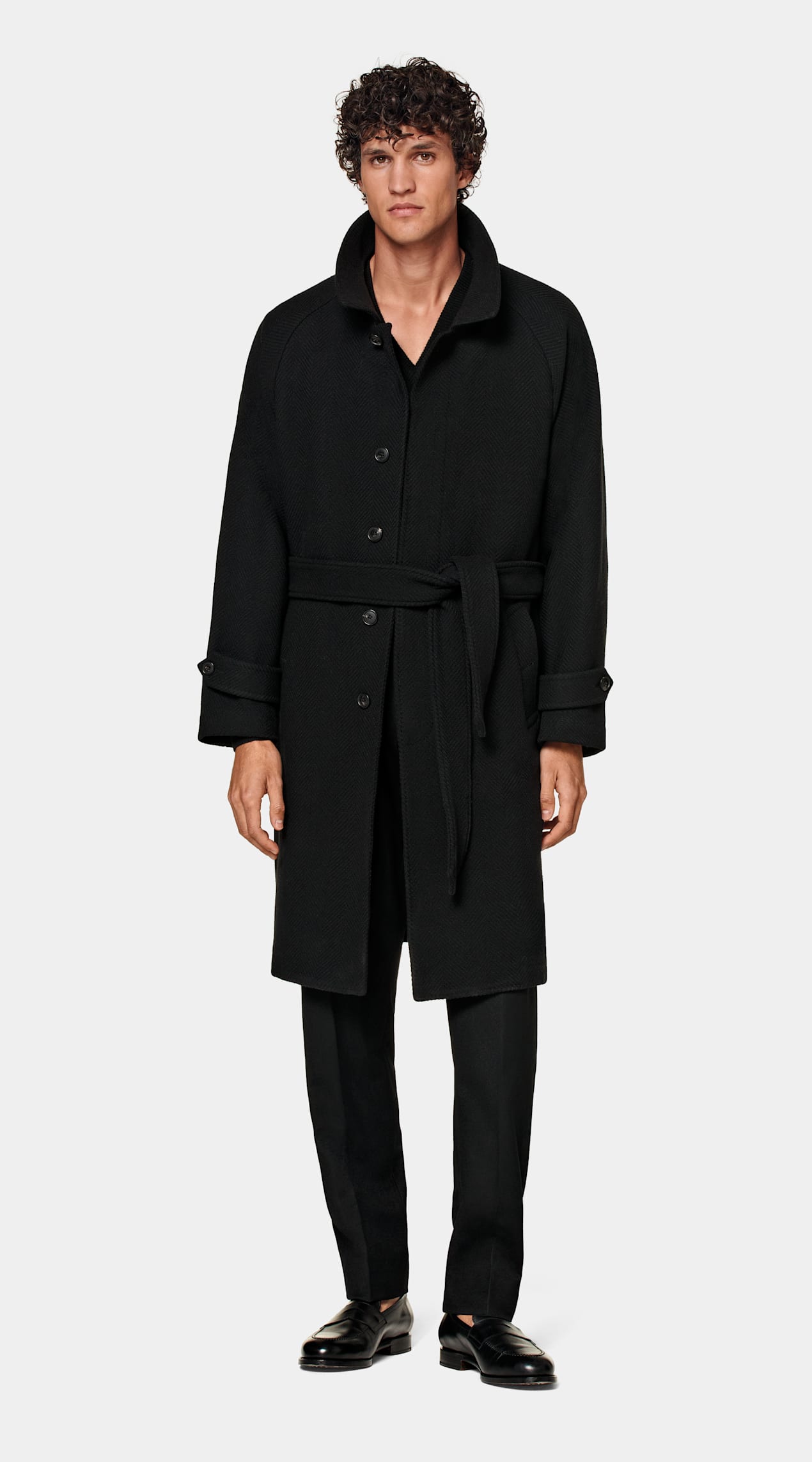 Manteau ceinturé noir à chevrons