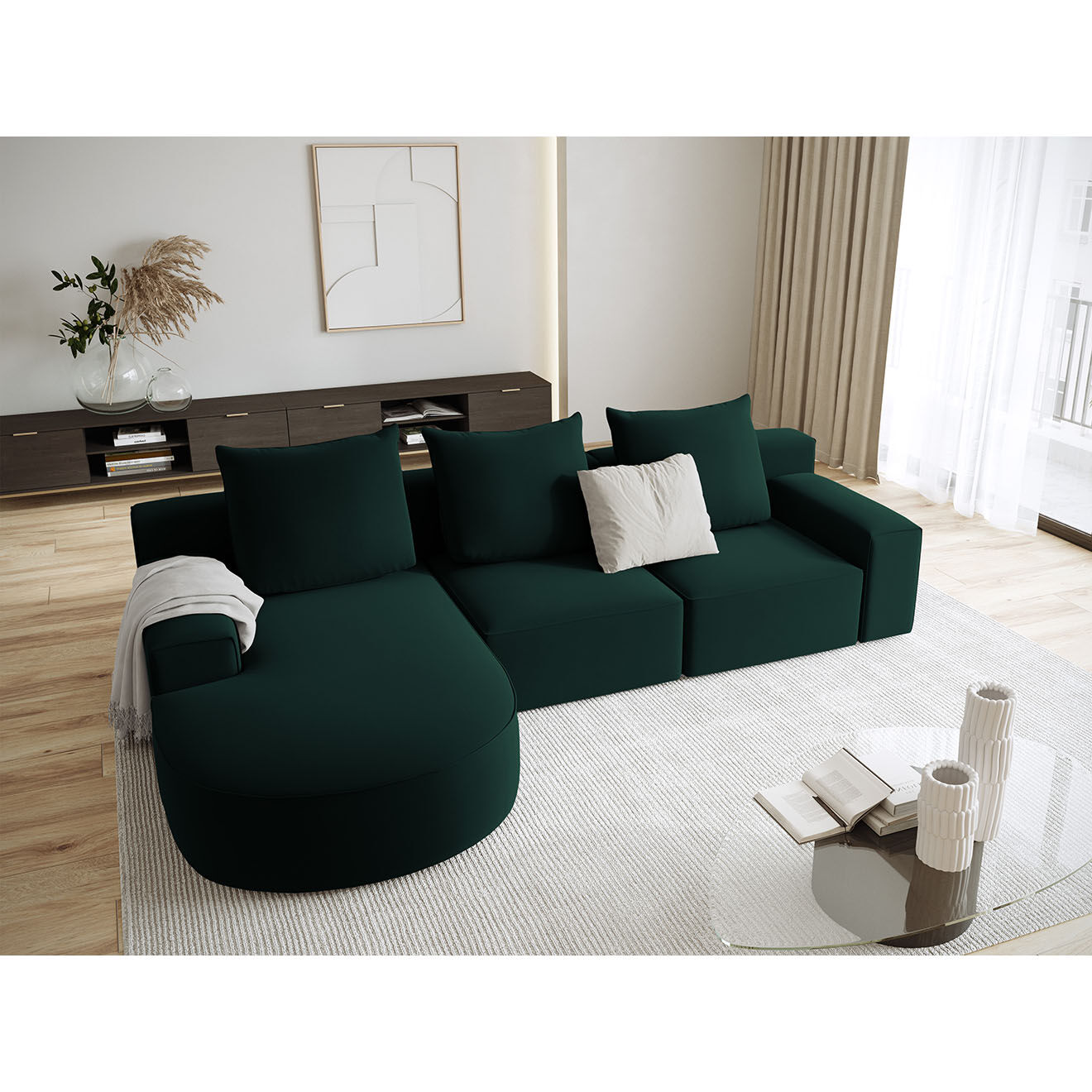 Mazzini Sofas Canapé d'angle gauche arrondi en velours Ivy 5 Places vert foncé - 285x180x89 cm