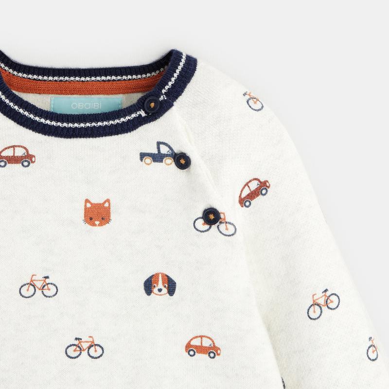 Pull maille animaux et véhicules blanc bébé garçon Blanc