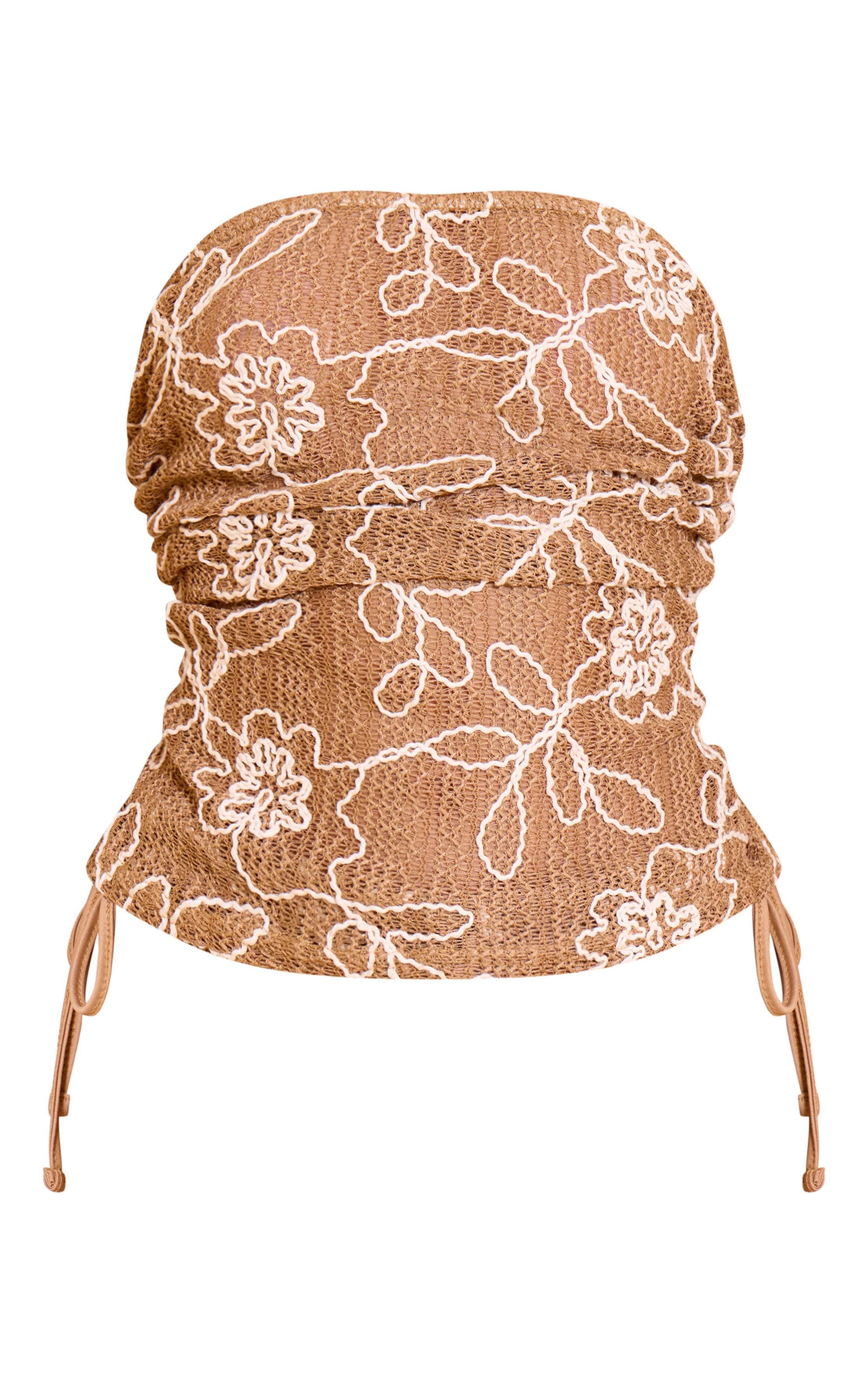 Marron Top Bandeau Froncé En Crochet Fleuri
