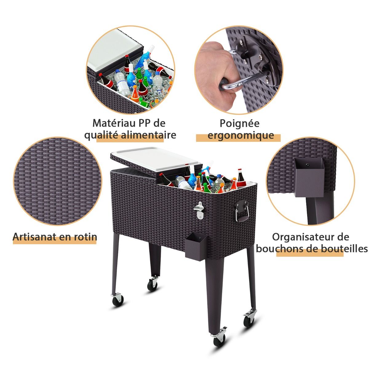 Glacière à Roues Verrouillables 76L Dessert de Glace avec Décapsuleur et Réceptacle à Capsules en PP de haute alimentaire Garder au Frais 72h 83 x 48 x 87 CM - Lidl-Manfred