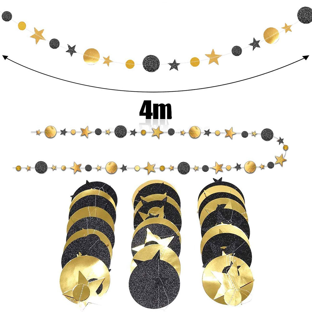 (4m) Girlande Glitzer / Glanz Kreise und Sterne Party Dekoration Accessoire - Gold / Schwarz