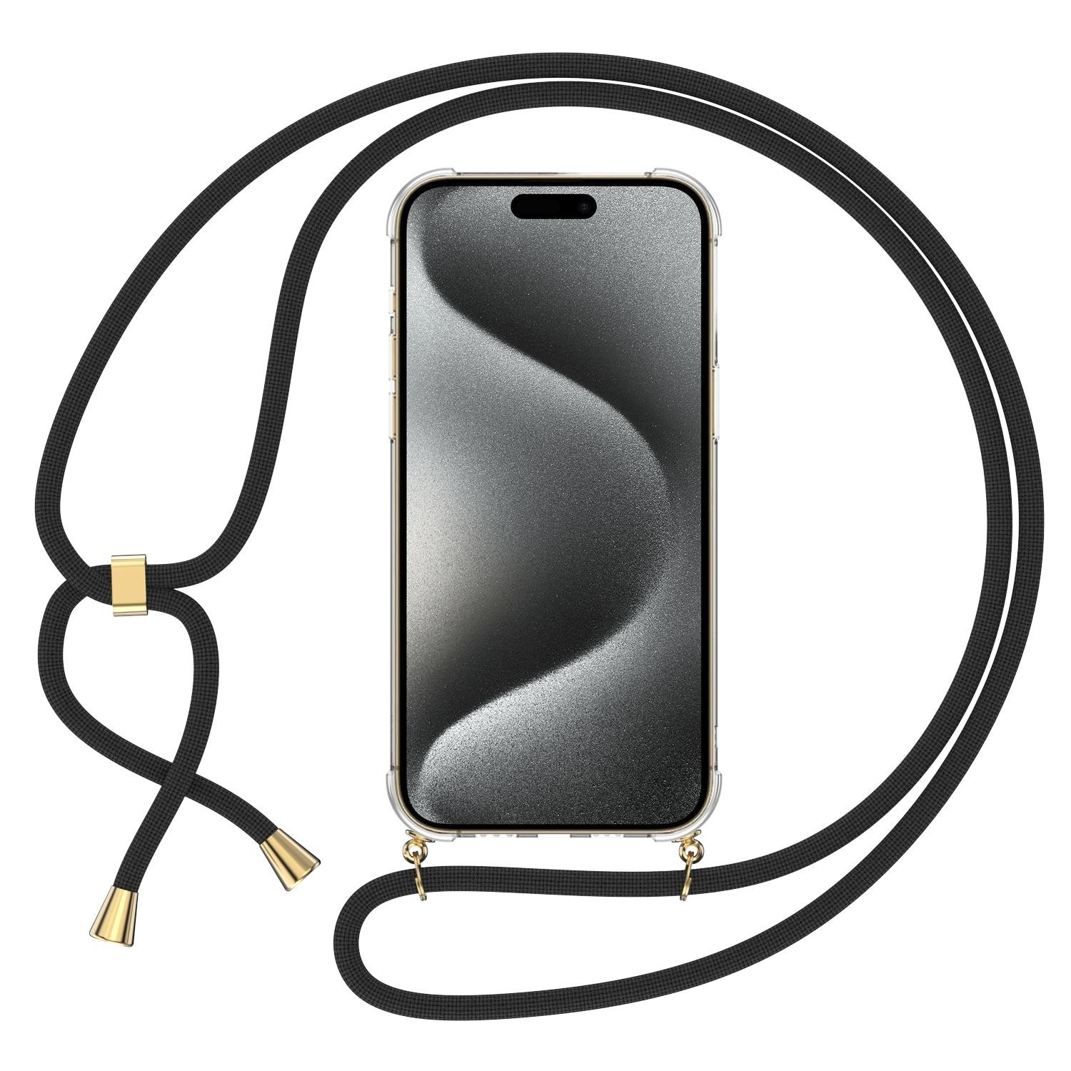 iPhone 16 Pro Necklace Gummi Hülle Air Cushion Fallschutz   Handykette (150cm) - Schwarz / Gold