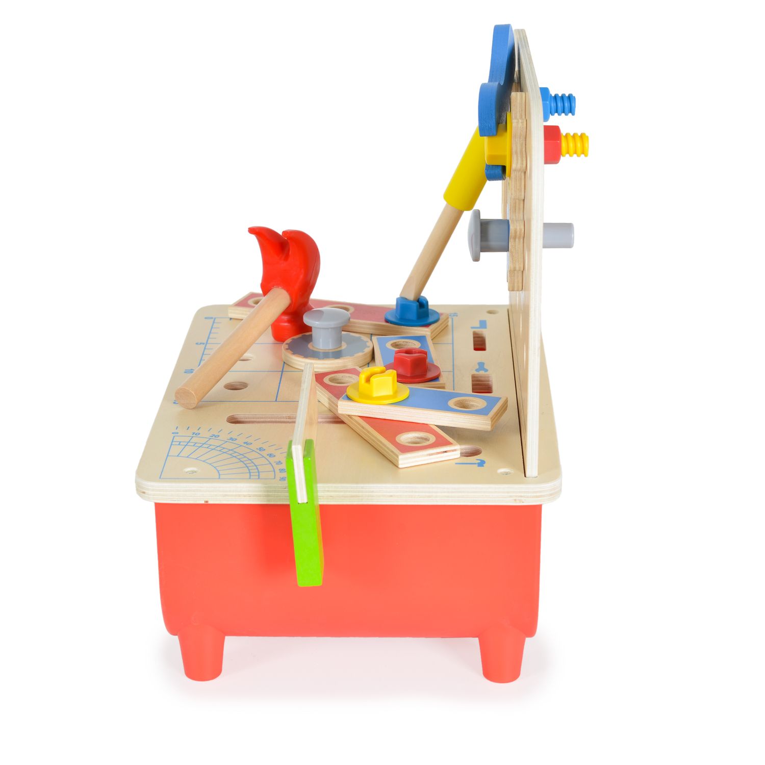 Tooky Toy Kinder Holz Werkbank TF797 Kinderwerkzeug, Hammer, 31 Teile, Schrauben rot