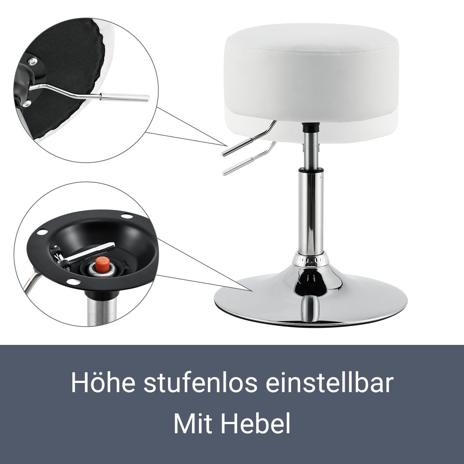 Juskys Schminktisch Hocker Tonia rund Ø 33 cm, höhenverstellbar 49 - 64 cm, Kunstlederüberzug Weiß