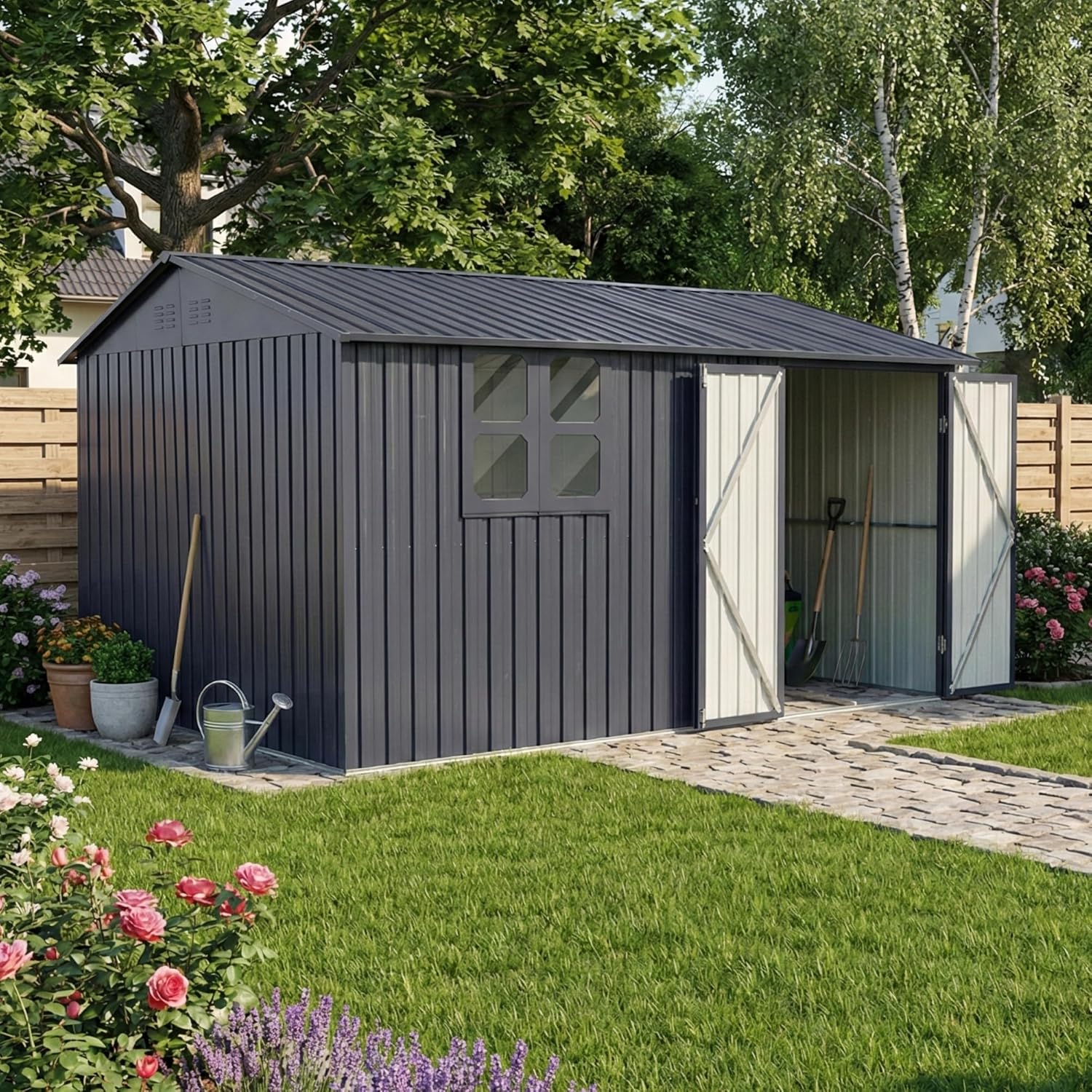 Albatros Gerätehaus 3XL | Anthrazit RAL 7016 | 371x304x201cm (22,6m³) | abschließbar inkl. Schloss & Werkzeughaken | Gartenhaus aus verzinktem wetterfestem Metall | Geräteschuppen Gartenschrank